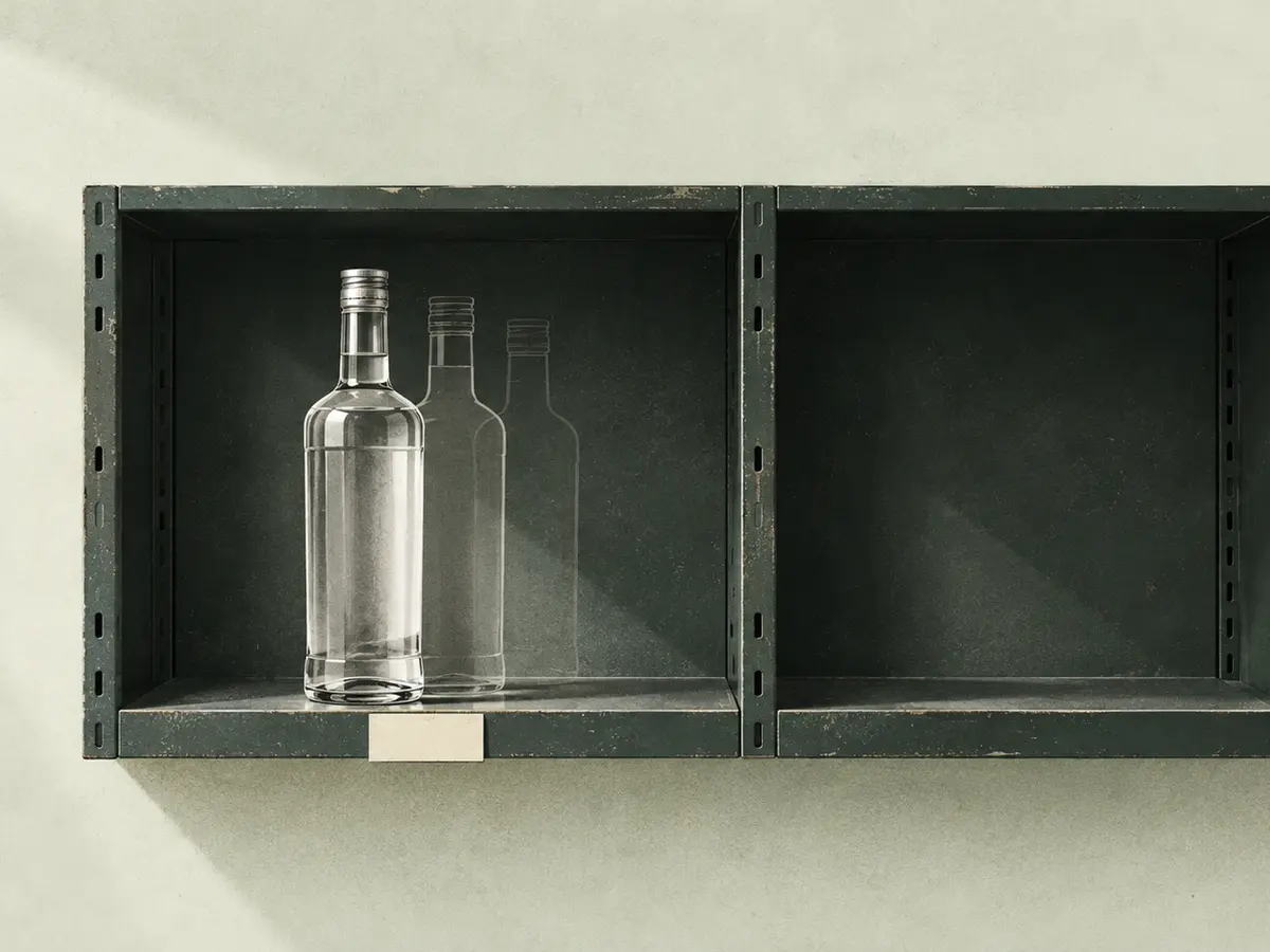 Eine neutrale Vodkaflasche mit zwei blassen Konturen steht in einem modularen Regal neben einem leeren Fach.
