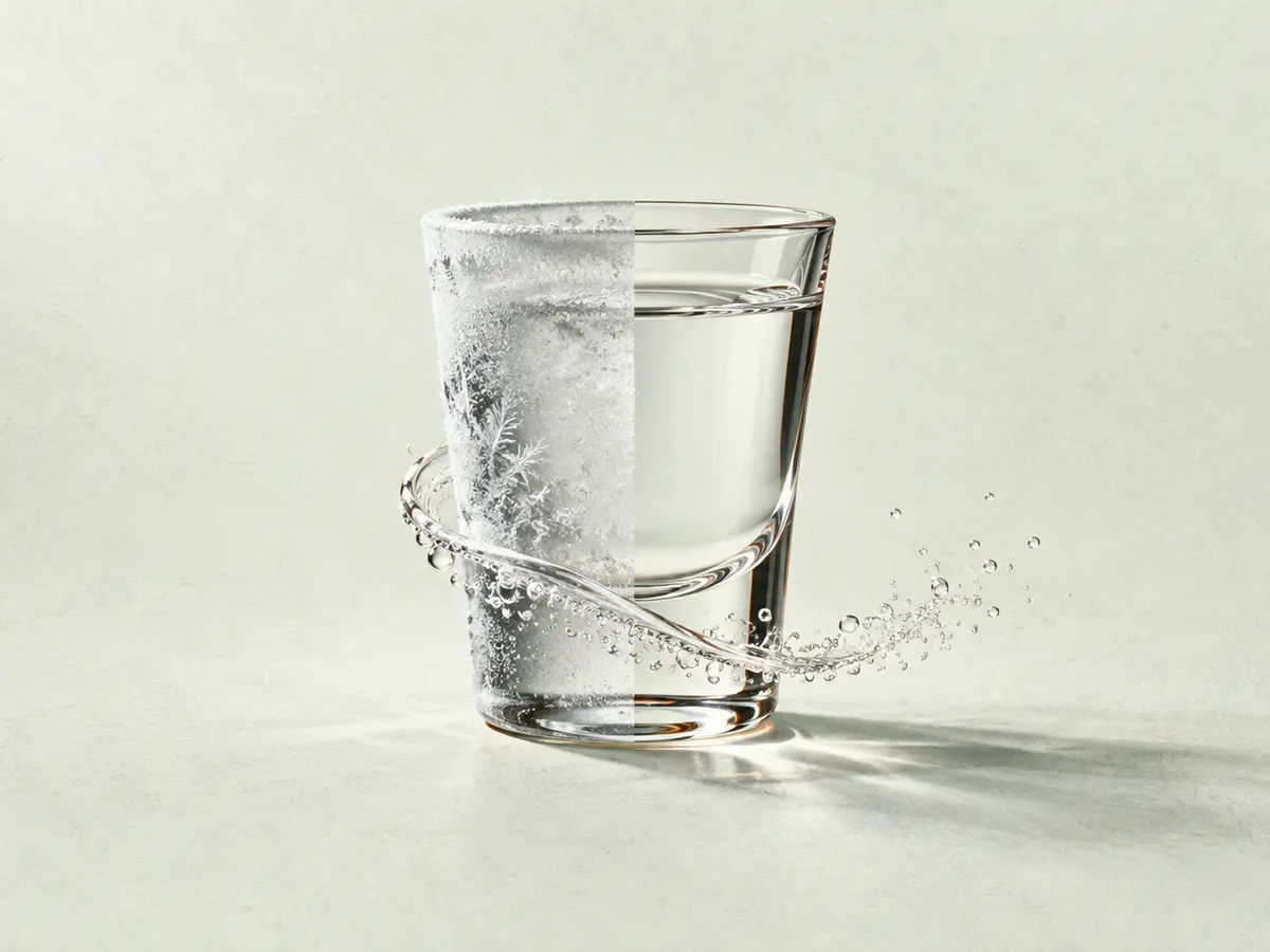 Ein klares Vodkaglas ist auf einer Seite vereist und auf der anderen klar; eine einzelne perlende Mixerspur umkreist den Fuß.