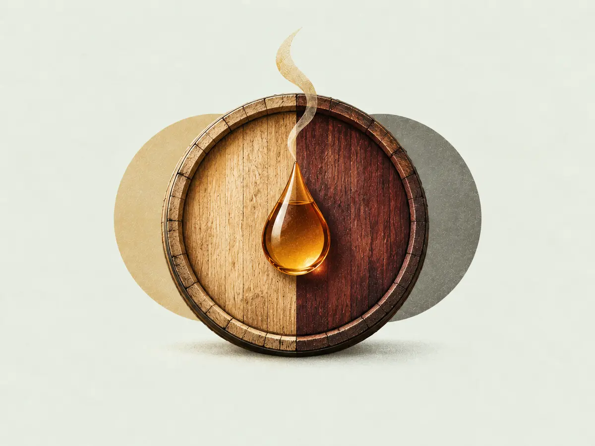 Geteiltes Eichenfass mit hellem und weinrotem Holz, zentralem Whiskytropfen und Verdunstungsspur